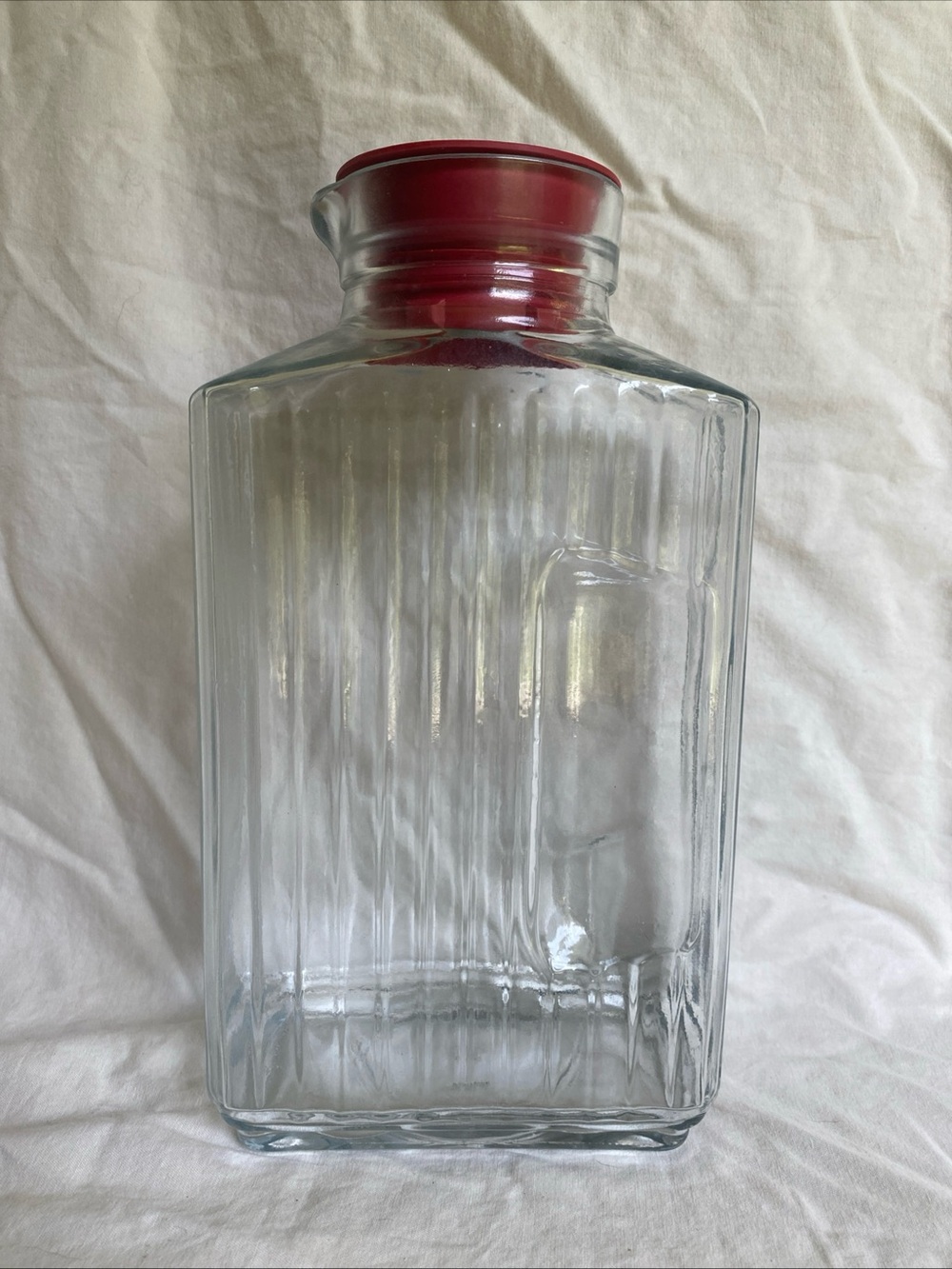 VTG Anchor Hocking Ribbed Glass Refrigerator Bottle Water 2 Qt Juice w/Red Lid